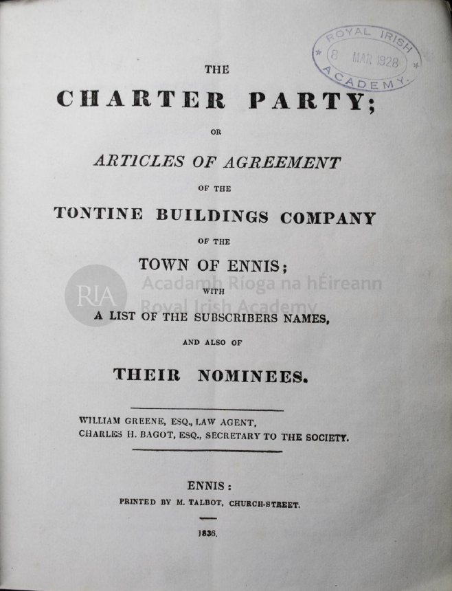Articles of Agreement of the Tontine Buildings Company of the Town of Ennis (1836)